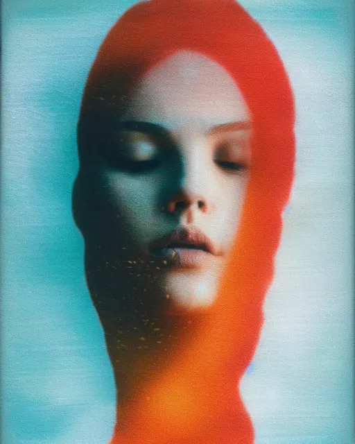 Prompt: a woman's face in the water, ripples, serene emotion, new polaroid, glitched, hazy, red, orange, yellow, soft lighting, jellyfish