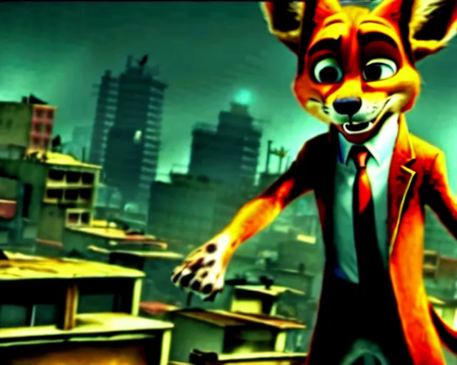 Prompt: nick wilde as max payne in max payne 3 set in gritty neo - noir zootopia, favela level