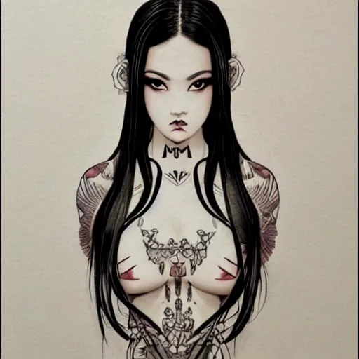 Image similar to tattoo design, stencil, beautiful young female, long dark hair, symmetrical facial features, Japanese, partially clothed in robe, by William-Adolphe Bouguerea and artgerm