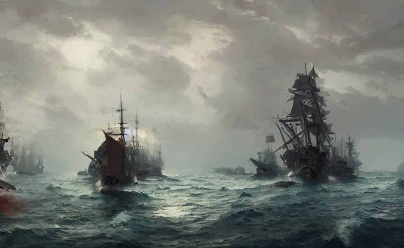 Image similar to Epic naval battle, elegant, volumetric lighting, digital painting, highly detailed, artstation, sharp focus, illustration, concept art, ruan jia, steve mccurry