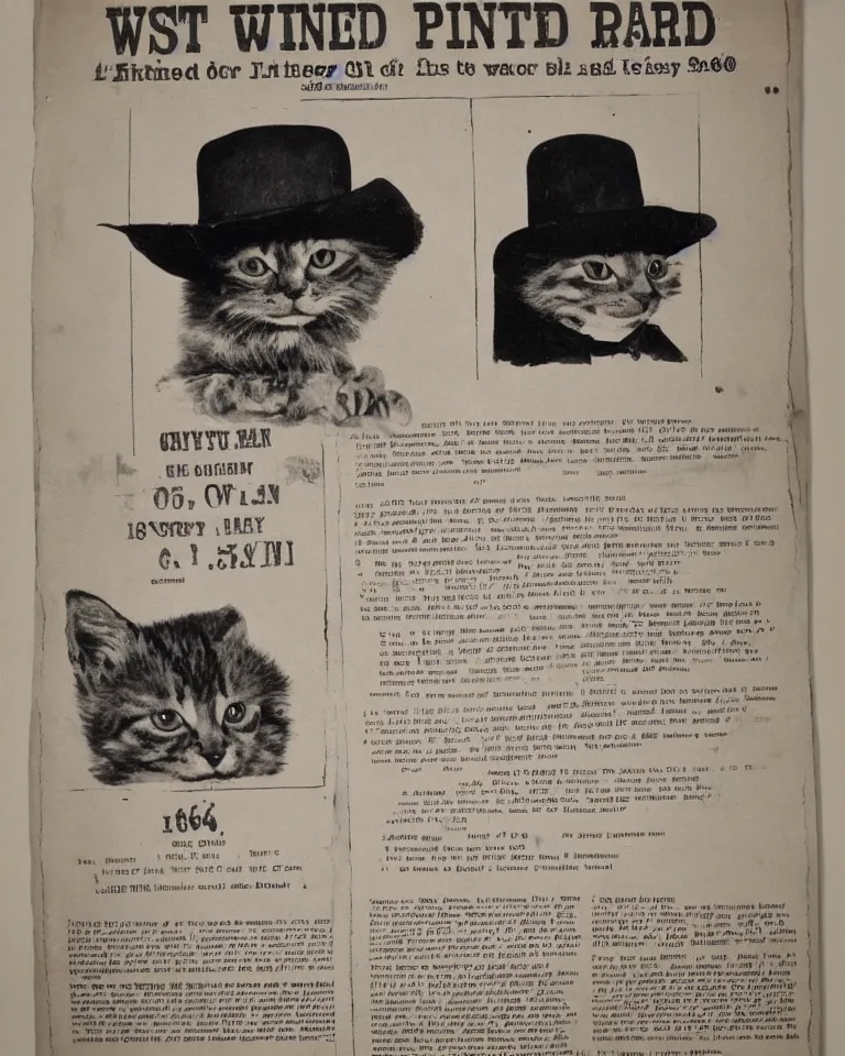 Image similar to 1865 wanted poster Wanted $1000 Reward kitten in cowboy hat Billy the Kit