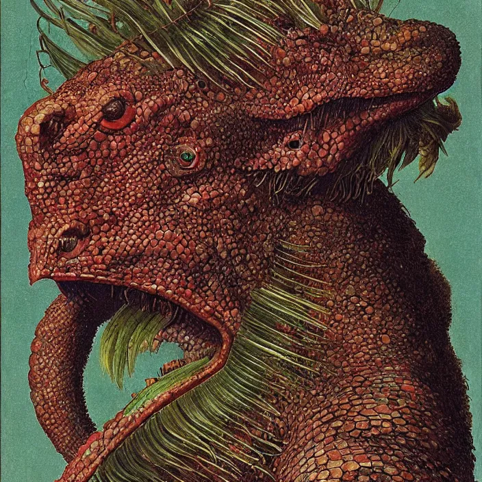 Image similar to close up portrait of an mutant monster creature with proud, reptilian allure, iridescent scales, dovish feathers, diaphanous fungic protuberances. jan van eyck, walton ford