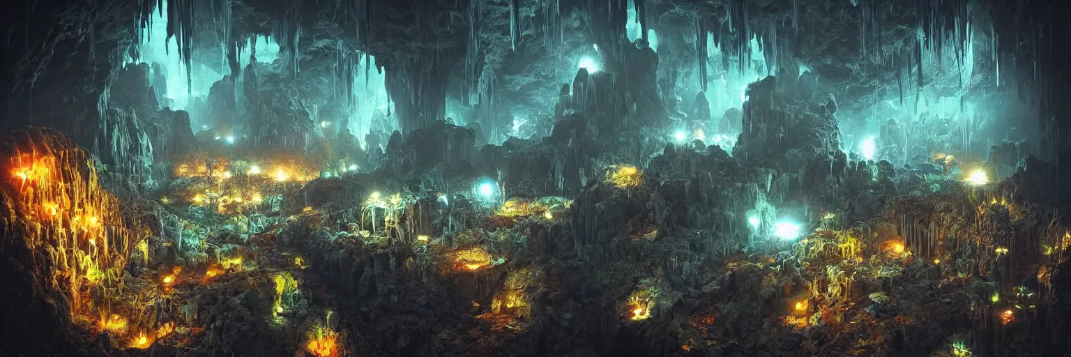 Image similar to “underground dark fantasy megapolis in a giant cave, bioluminescent mushrooms, magic crystals, Artstation HQ, photorealistic, hiperrealistic, 4k UHD, Unreal Engine 5, cinematic shot, cinematic lightning, dark tones, high contrast, masterpiece”