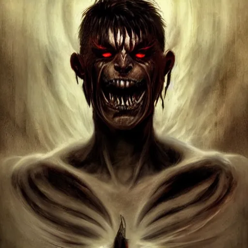 Image similar to concept drawing, demon possessed character, male. hair cut in half, left black, right white. demon noticeable by extra eyes, dark aura, cold look. made by karol bak