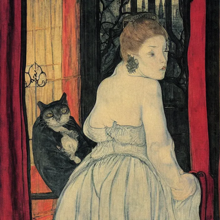 Image similar to close portrait of woman in night gown with cat, with city with gothic cathedral seen from a window frame with curtains. night. lucas cranach, georges de la tour, henri de toulouse - lautrec, utamaro, monet