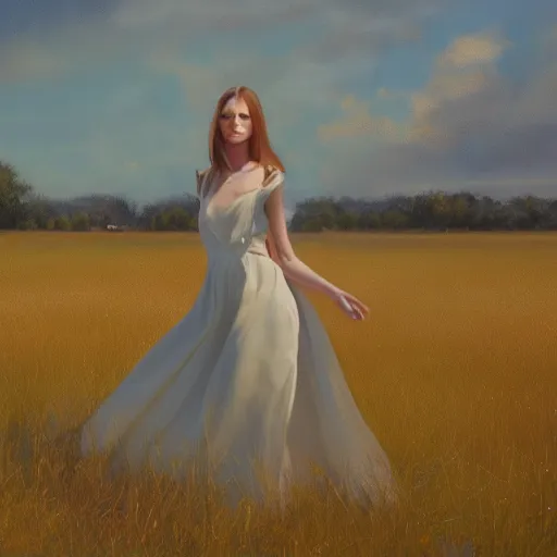 Image similar to a vogue model in a field, oil painting, pale colors, high detail, 8 k, wide angle, trending on artstation,