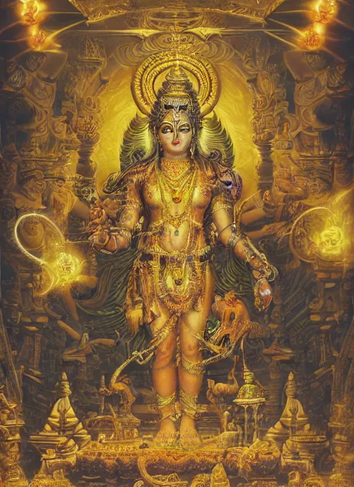 Image similar to highly detailed picture of cybertronic statue of shiva in a hindu temple, edge of the universe, perfectly symmetrical face, elegant, centered, digital painting, artstation, concept art, smooth, sharp focus, illustration, golden ratio, perfect symmetrical, intricate, by boris vallejo, masterpiece, book by gene wolfe, highly detailed painting by gustave dore