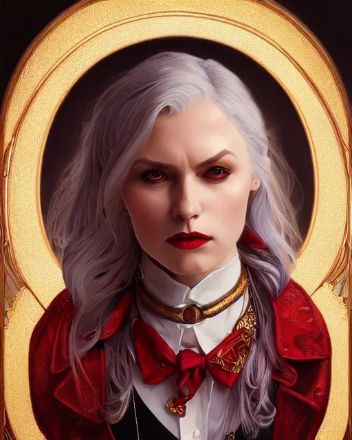 Image similar to female queen vampire, perfect face, gold waistcoat, red shirt, long grey hair, red necktie, cinematic, stunning, highly detailed, digital painting, artstation, smooth, hard focus, illustration, art by artgerm and greg rutkowski and alphonse mucha