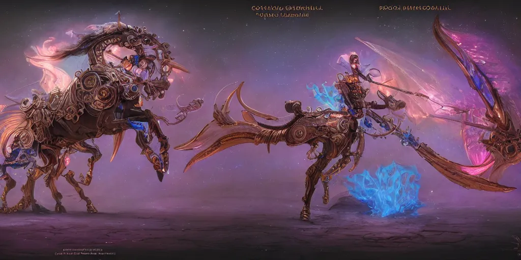 Image similar to cosmic steampunk opal mechanical horse, character design sheet, monster hunter illustrations art book, iridescent, blue flame, neon lights, armored, moebius, greg rutkowski, zabrocki, karlkka, jayison devadas, phuoc quan, trending on artstation, 8 k, ultra wide angle, zenith view, pincushion lens effect.