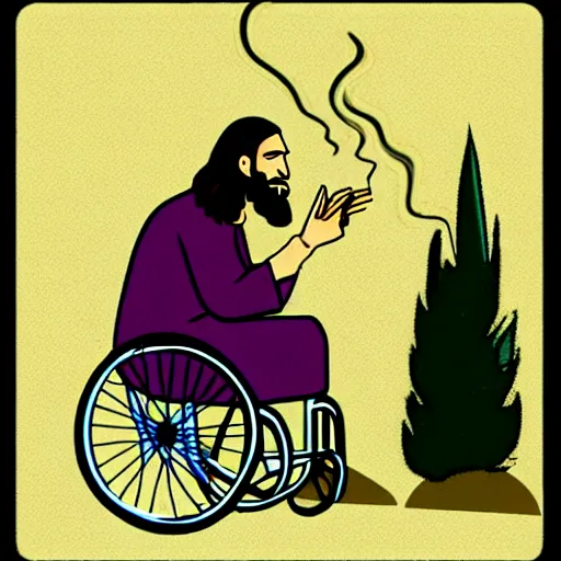 Image similar to jesus christ smoking a blunt, sitting in a wheelchair, biblically accurate