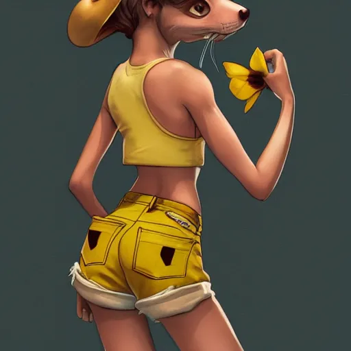 Image similar to anthropomorphic mouse wearing denim short shorts and yellow tank top, highly detailed, artgerm style, artstation, soft light, sharp focus, illustration, character design, concept art