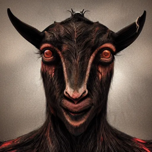 Image similar to creepy goat with deteriorated skin, burnt, dark, horror face, scary, dark, photorealistic, surreal, cosmic horror, 8 k, extreme details, detailed face