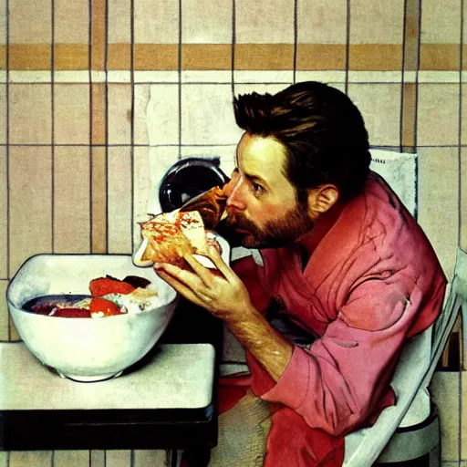 Image similar to Charlie Day eating sushi out of a white toilet bowl, Norman Rockwell,