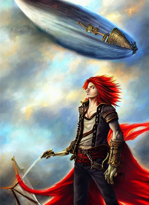 Image similar to epic fantasy portrait painting of a long haired, red headed male sky - pirate in front of an airship in the style of the death note