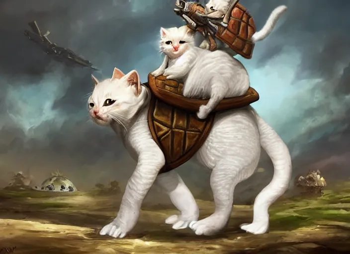 Image similar to white kittens riding giant turtles, battalion, digital oil painting, trending on artstation