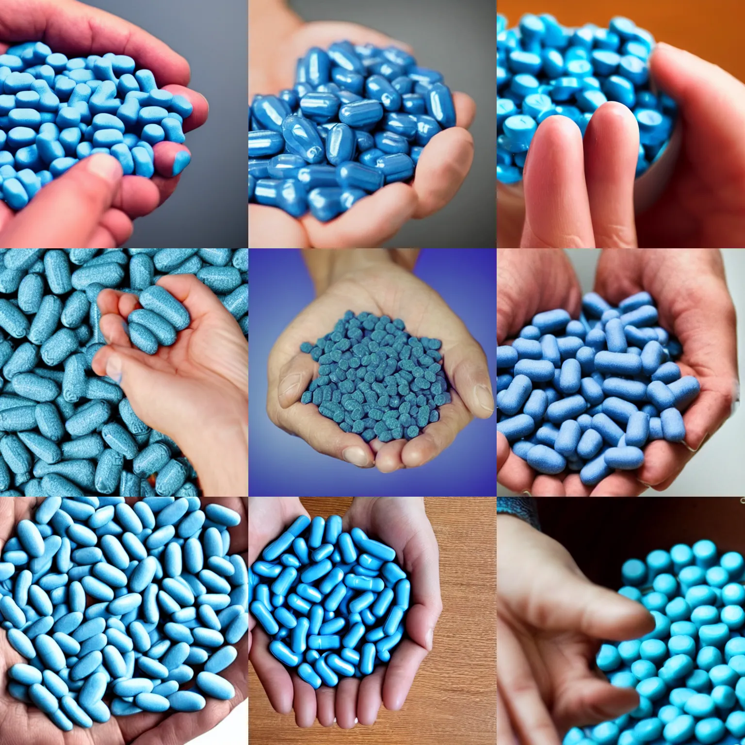 Prompt: a hand grabbing a handful of blue pills from the tub full of blue pills