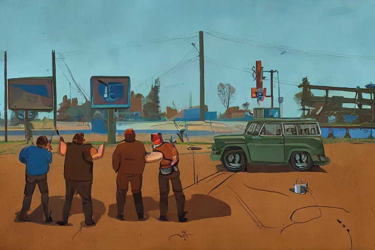 Prompt: mid - thirties guys binge drinking and fishing, in the style of simon stalenhag