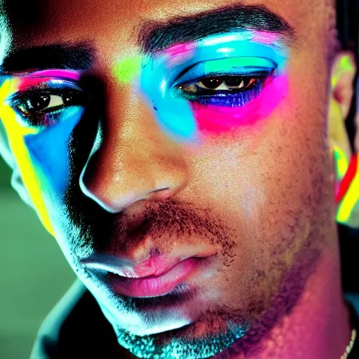 Prompt: playboi carti, photorealistic, detailed face, full body shot, 8 k, hd, neon colors, over saturated colors, wok,
