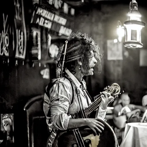 Image similar to a gipsy singer sings a jazz song in a crowded pub, award-winning photograph, dark, golden hour, colorful, night