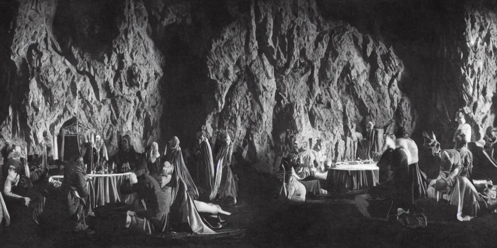 Prompt: 1920s photography of an occult ceremony meeting in the dolomites, occult signs, wicca, alp, dolomites, alpine, detailed intricate insanely detailed octane render, 8k artistic 1920s photography, photorealistic, black and white, chiaroscuro, hd, by David Cronenberg, Raphael, Caravaggio