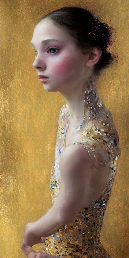 Image similar to an intricate portrait painting of an artistic pose young beautiful ballerina, klimt golden motives and textures, hyper - detailed, octane render, vivid colors, artstation, by jeremy mann, by gustav klimt