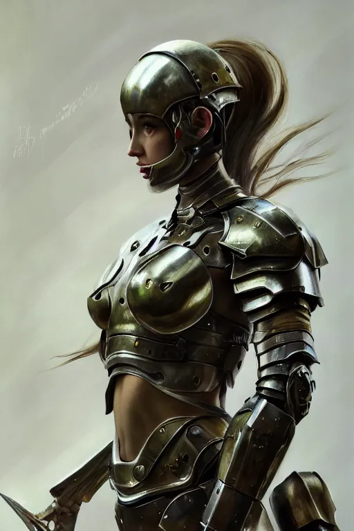 Image similar to a photorealistic painting of an attractive young girl, partially clothed in metal-plated battle armor, olive skin, long dark hair, beautiful bone structure, symmetrical face, perfect eyes, intricate, elegant, digital painting, concept art, illustration, sharp focus, minimal artifacts, from Metal Gear, in the style of Ruan Jia and Mandy Jurgens, by Greg Rutkowski, trending on Artstation, award winning