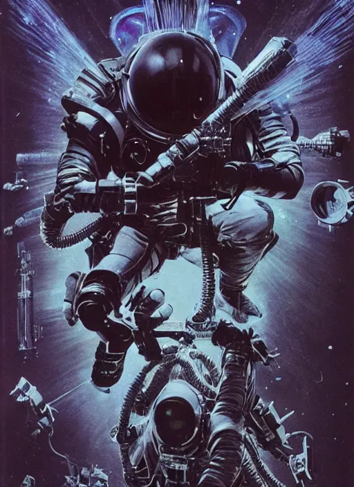 Image similar to astronauts in dark and empty void underwater - complex and hyperdetailed suit. reflection and dispersion materials. rays and dispersion of light. volumetric light. 5 0 mm, f / 3 2. noise film photo. flash photography. ultra realistic, wide angle. poster by wayne barlowe, hajime sorayama aaron horkey, craig mullins. dark key.