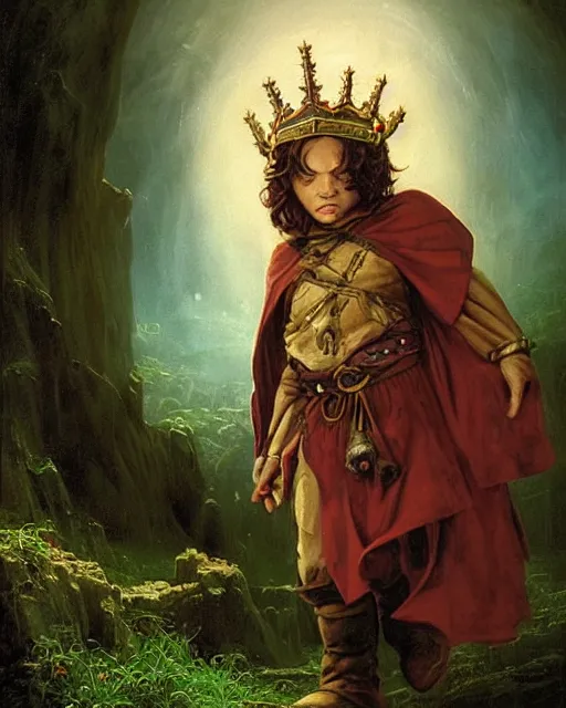 Prompt: A halfling wild magic sorcerer. He is wearing a cloak with glowing runes on it and a crown. He is frowning seriously. He is preparing to cast a spell to banish the old gods. He is standing in spell circle. Award winning realistic oil painting by Thomas Cole and Wayne Barlowe