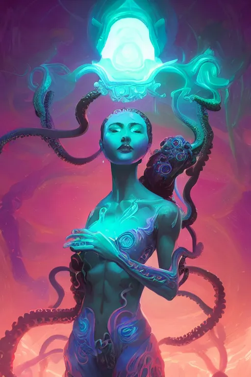 Prompt: alien goddess with octopus body, arcane fantasy bioluminance alena aenami artworks in 4 k design by lois van baarle by sung choi by john kirby artgerm and greg rutkowski and magali villeneuve
