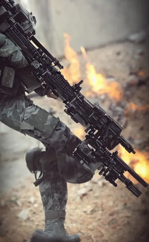 Prompt: an escalating violent firefight, highly detailed, high resolution, cosplay photo, stunning, girls frontline style, bokeh soft, 100mm, trending on instagram, by professional photographer, featuring shishiro botan, realistic human anatomy, real human face, realistic military carrier, modern warfare, realistic weapon, shot with a arriflex 35 ii, low saturation, small human eyes, running pose, jumping soldier, modern military helmets