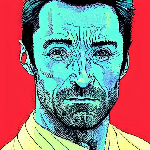 Prompt: “ hugh jackman retro minimalist portrait by jean giraud, moebius starwatcher, color comic, 8 k ”