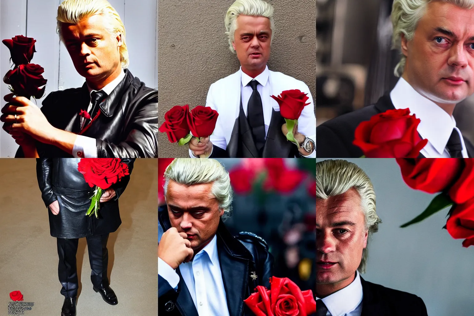 Prompt: geert wilders wearing leather looking seductive in the camera holding a red rose