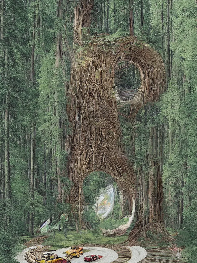 Image similar to a white school bus in the forest driving through a portal, hyper-detailed, digital art, artist Bev Dolittle