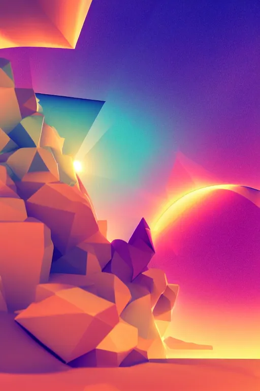 Prompt: geometric 3 d render, soft bright pastel, rainbow fireball in the middle, mountains surrounding, rule of thirds