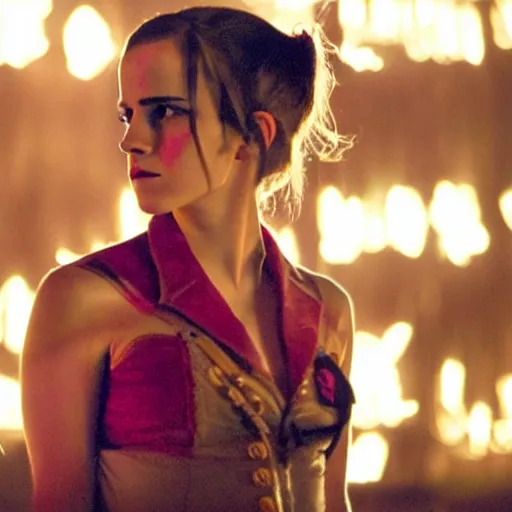 Image similar to Emma Watson as Jinx ,Arcane, cinematic, Wide-shot, atmospheric lighting, directed by Quentin Tarantino, movie still