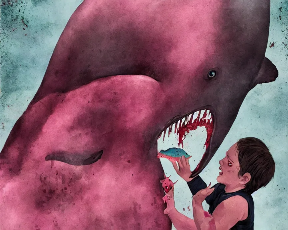 Image similar to a horror movie poster featuring a demonic pink whale eating a child