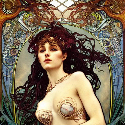 Prompt: realistic detailed face portrait of the Celtic Goddess Aine by Alphonse Mucha, Ayami Kojima, Amano, Charlie Bowater, Karol Bak, Greg Hildebrandt, Jean Delville, and Mark Brooks, Art Nouveau, Neo-Gothic, gothic, rich deep moody colors