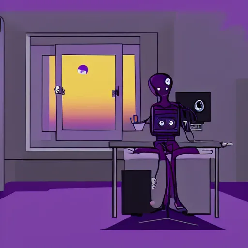 Image similar to friendly alien avatar computer programmer working late at night sunset outside window headphones terminal artstation purple and gold