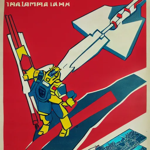 Image similar to detailed soviet propaganda poster of a gundam holding a pickaxe