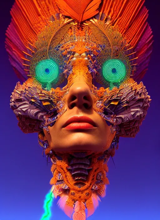 Image similar to 3 d goddess face portrait, sigma 5 0 0 mm f / 5. beautiful intricate highly detailed quetzalcoatl skull and feathers. bioluminescent, plasma, lava, ice, water, wind, creature, thunderstorm! artwork by tooth wu and wlop and beeple and greg rutkowski, 8 k trending on artstation,