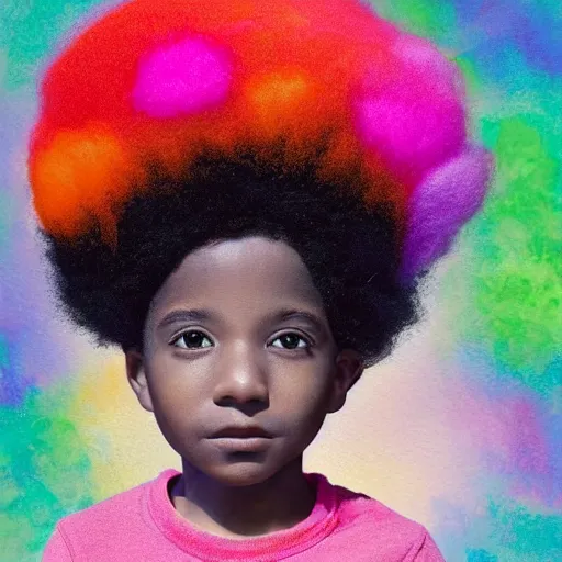 Image similar to a black boy with a colorful afro and big cute! eyes, dressed like an astronaut in a field of cotton candy, bokeh, bright colours, watercolor, volumetric wool felting, macro photography, children illustration, by goro fujita