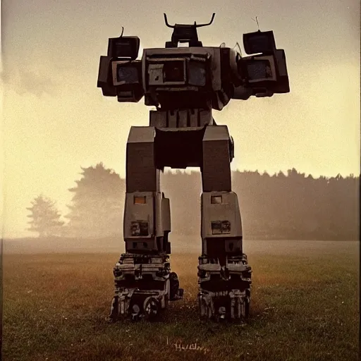 Prompt: giant oversized robot mech in shape of newborn baby on a village, Cinematic focus, Polaroid photo, vintage, neutral colors, soft lights, foggy, by Steve Hanks, by Serov Valentin, by lisa yuskavage, by Andrei Tarkovsky