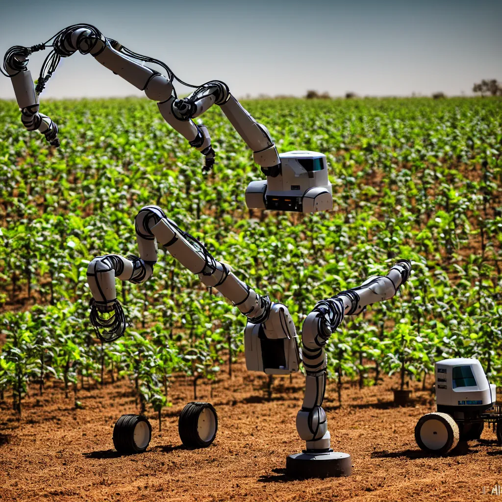 Image similar to robotic farming machinery maintaining a permaculture jungle in the desert, XF IQ4, 150MP, 50mm, F1.4, ISO 200, 1/160s, natural light