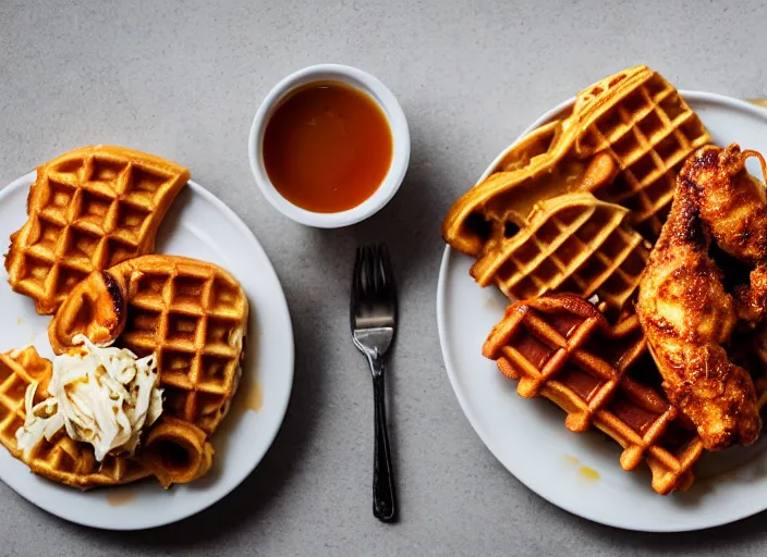 Prompt: dslr food photograph of chicken and waffles drizzled with maple syrup and hot sauce with a side of cole slaw, 8 5 mm f 1. 8