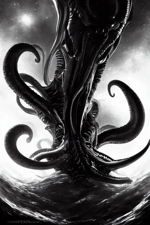 Image similar to black and white, deep space, nebula, giant xenomorph alien mixed with sharks extra teeth, tentacles, highly detailed, digital painting, artstation, concept art, smooth, sharp focus, illustration, unreal engine 5, 8 k, art by carlos huante and greg rutkowski and alphonse mucha and ifbb pro fitness photograph