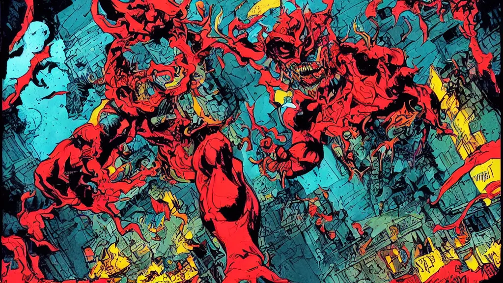 Prompt: An amazing illustration of a menacing demon in a small town, by Todd McFarlane. Cinematic. Bright color palette. Wide angle. Clean lines. Balanced composition.