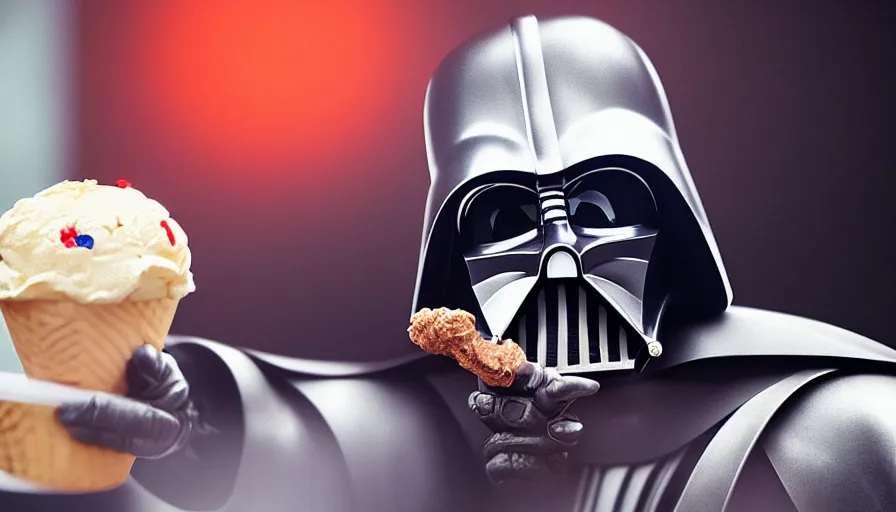 Image similar to darth vader wearing a birthday - hat eats icecream, photorealistic rendering, hyperdetailed, octane, redshift, atmospheric lighting, cinematic composition, wallpaper