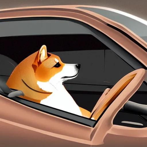 Image similar to anthro shiba inu driving a car, digital art