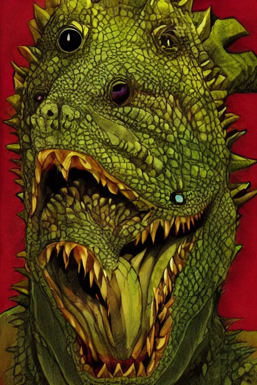 Image similar to the head of Godzilla, kaiju, sea creature, crocodile, sharp teeth, scary look, angry iguana by carlos huante