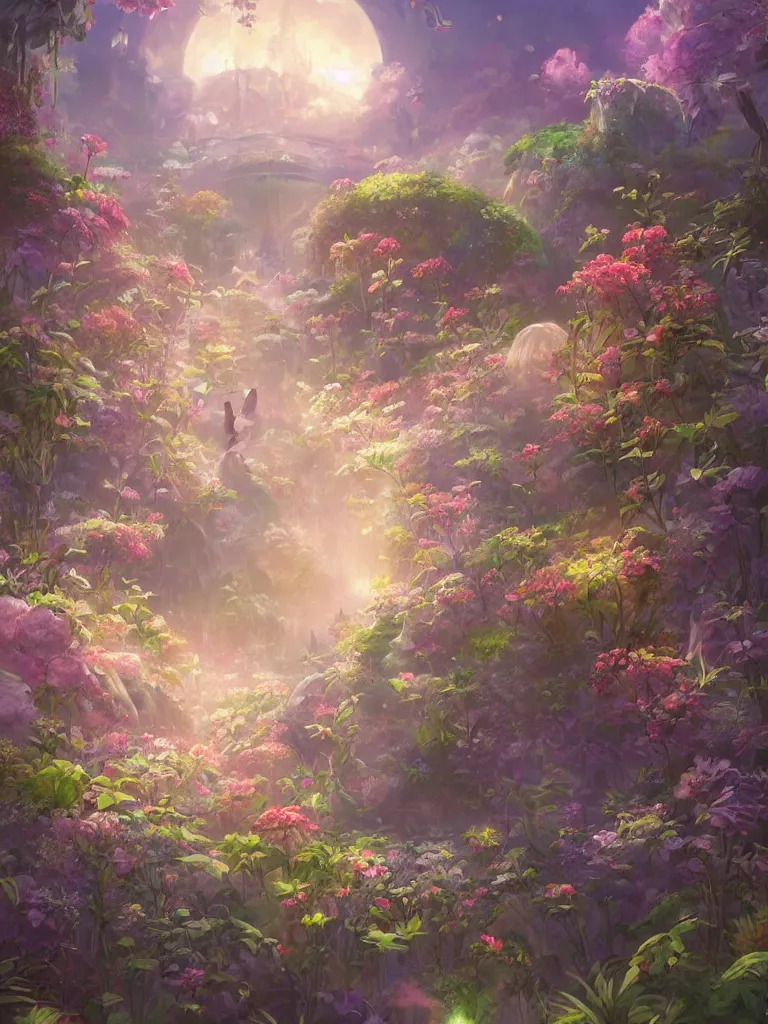 Image similar to a dream flower garden environment where one draws mystical energy into their lives, background art, pristine concept art, symmetrical in the style of WLOP and Ross Tran